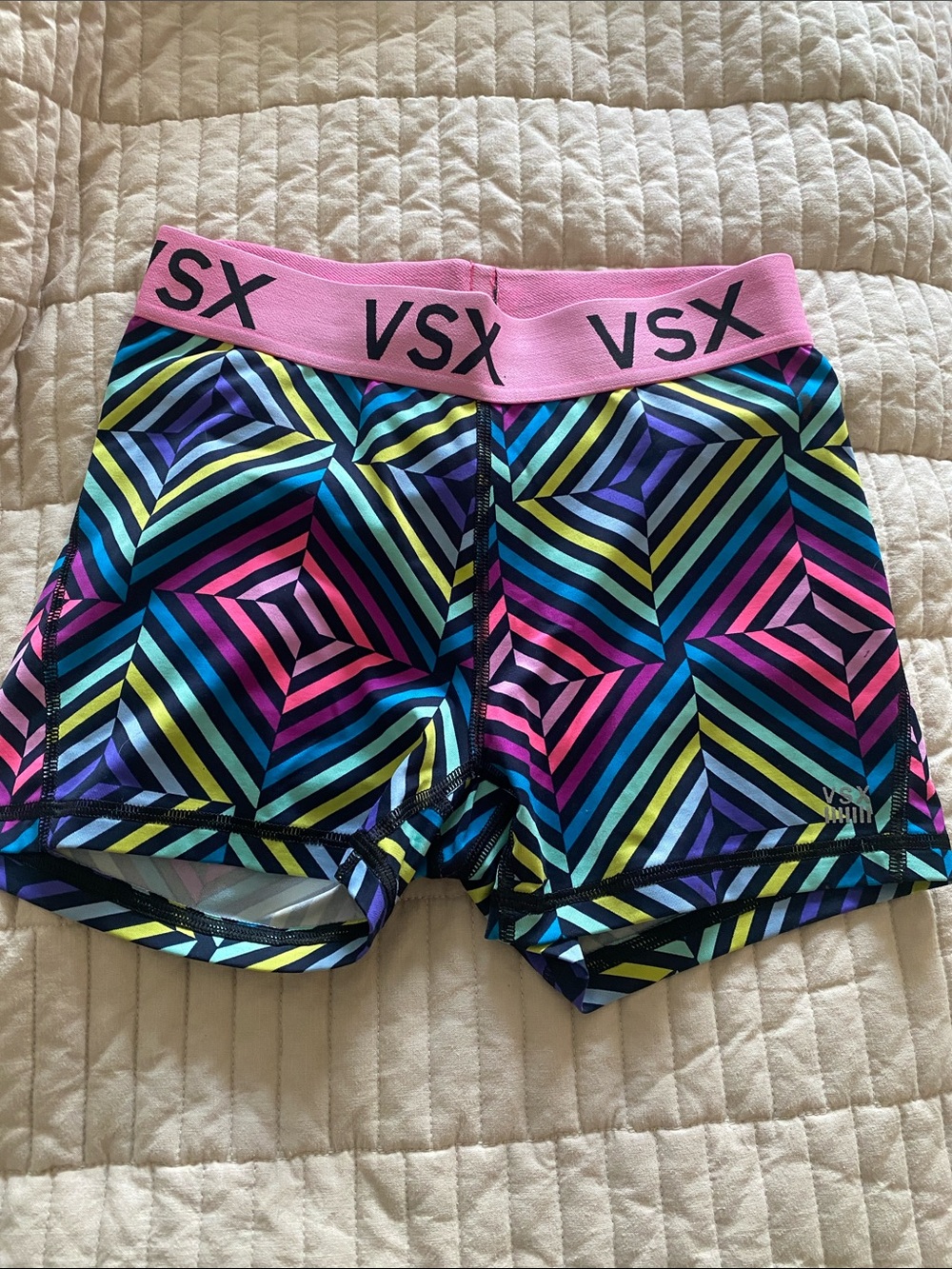 VSX Multicolor Geo-Stripe Athletic Shorts with Pink Waistband